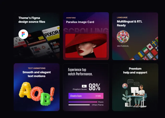 Figma tasarım dosyaları, parallax kartlar, çoklu dil, metin animasyonları, performans ve destek özellikleri